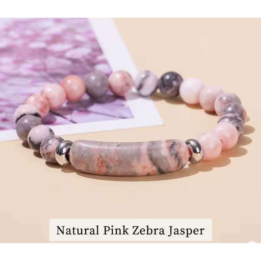 Natural Pink Zebra Jasper Beaded Stretch‎ Bracelet Silver Tone Accents Boho Pink